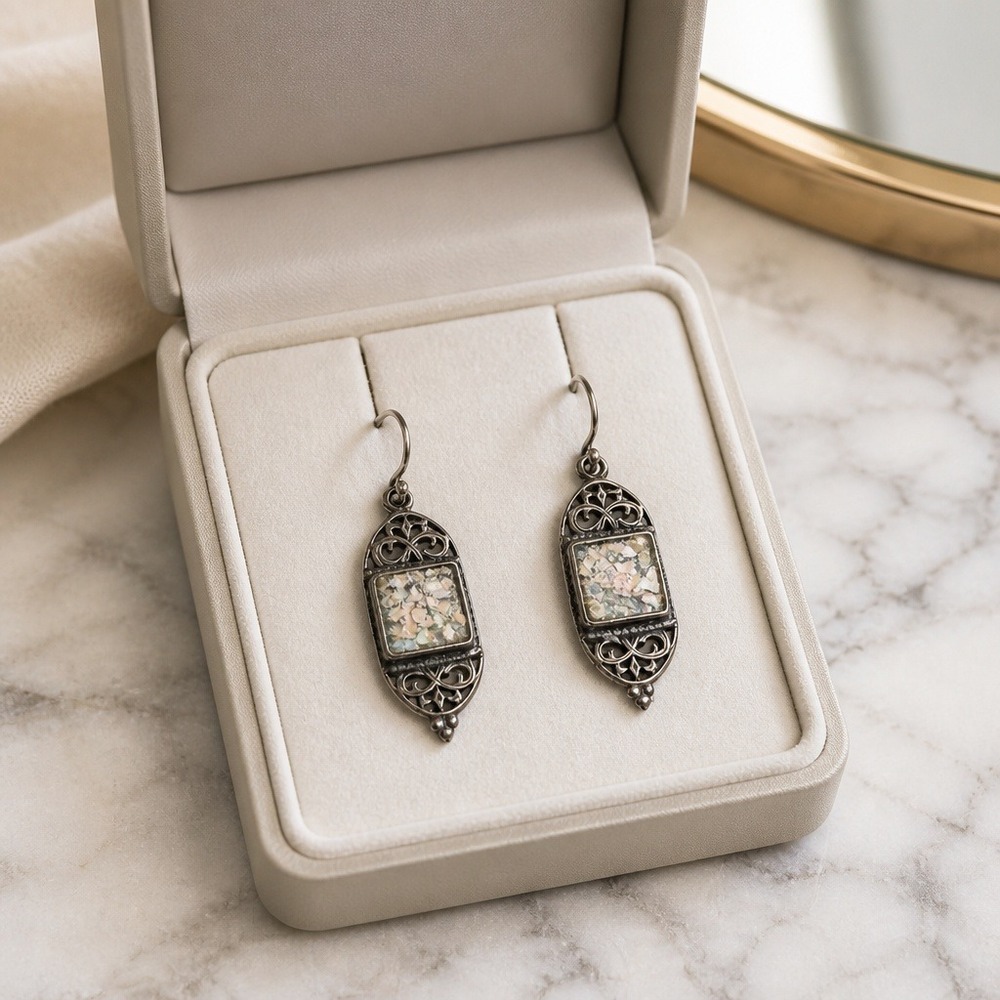 925 Sterling Silver Ancient Roman Glass‎ Filigree Dangle Earrings Israel